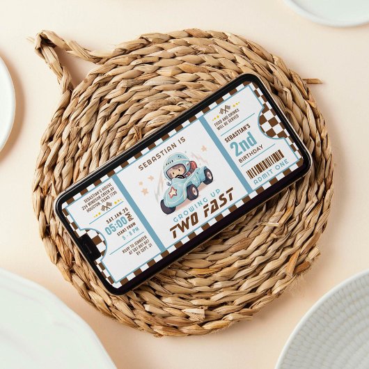 Blue Two Fast Race Car Ticket Pass Tweede Verjaard Kaart