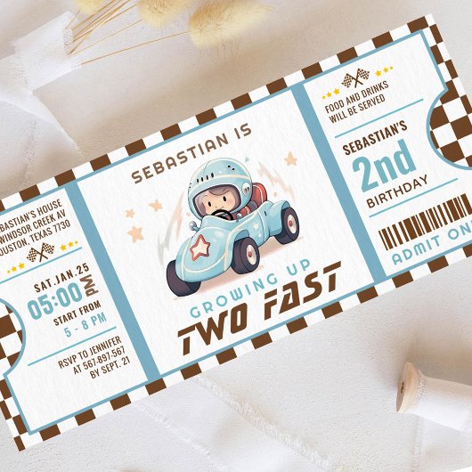 Blue Two Fast Race Car Ticket Pass Tweede Verjaard Kaart