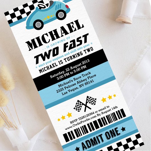 Blue Two Fast Race Car Ticket Pass Tweede Verjaard Kaart