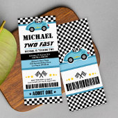 Blue Two Fast Race Car Ticket Pass Tweede Verjaard Kaart