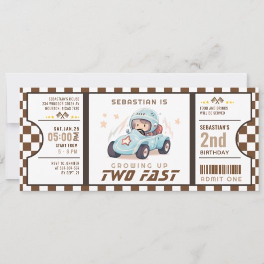 Blue Two Fast Race Car Ticket Pass Tweede Verjaard Kaart (Voorkant)