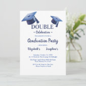 Blue Two Graduates petten Double Graduation Party Kaart (Staand voorkant)