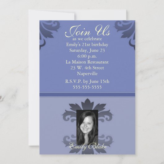 Blue Two-toned Damask Foto Uitnodiging (Voorkant)