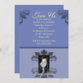 Blue Two-toned Damask Foto Uitnodiging (Voorkant / Achterkant)