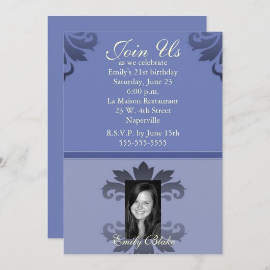 Blue Two-toned Damask Foto Uitnodiging (Voorkant / Achterkant)