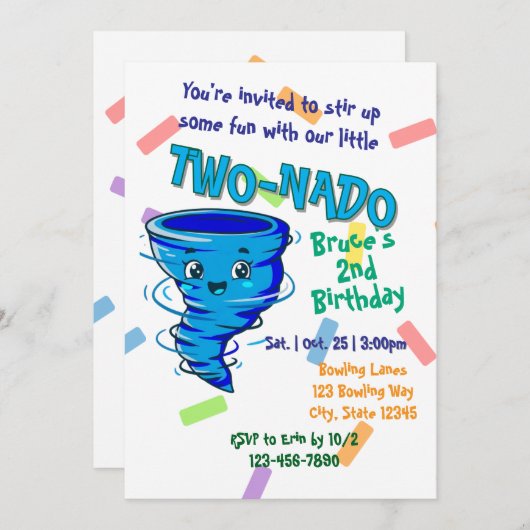 Blue TwoNado, 2nd birthday invitation Kaart (Voorkant / Achterkant)