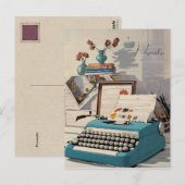 Blue Typewriter Desk Persoonlijke Retro Briefkaart (Voorkant / Achterkant)