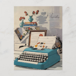  Blue Typewriter Desk Persoonlijke Retro Briefkaart