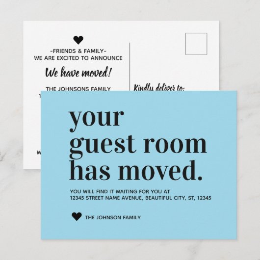 Blue Typography Guest Room Moving Announance Aankondigingskaart (Voorkant / Achterkant)