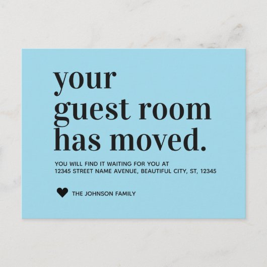 Blue Typography Guest Room Moving Announance Aankondigingskaart (Voorkant)