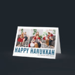 Blue Typography Happy Hanukkah Photo Collage Feestdagen Kaart<br><div class="desc">Happy Hanukkah!  Happy Hanukkah-fotocollage met blauw eenvoudige typografie en sneeuwpatroon. Personaliseer door drie foto's,  namen,  jaar en andere details toe te voegen. Deze moderne Hanukkah-kaart is verkrijgbaar in andere kleuren en in andere kartonnen dozen.</div>