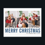 Blue Typography Merry kerstfoto Collage Briefkaart<br><div class="desc">Vrolijk kerstfeest!  briefkaart voor kerstfotocollage met blauw en zwart,  eenvoudig typografie. Personaliseer door drie foto's,  namen,  jaar en andere details toe te voegen. Dit moderne kerstbriefkaart is verkrijgbaar in andere kleuren en in kartonnen dozen.</div>