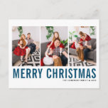 Blue Typography Merry kerstfoto Collage Feestdagenkaart<br><div class="desc">Vrolijk kerstfeest!  briefkaart voor kerstfotocollage met blauw en zwart,  eenvoudig typografie. Personaliseer door drie foto's,  namen,  jaar en andere details toe te voegen. Dit moderne kerstbriefkaart is verkrijgbaar in andere kleuren en in kartonnen dozen.</div>