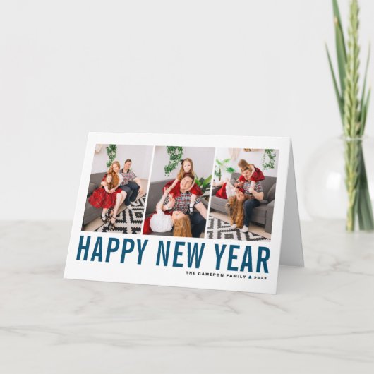 Blue Typography Photo Collage Happy Nieuwjaar Feestdagen Kaart (Voorkant)