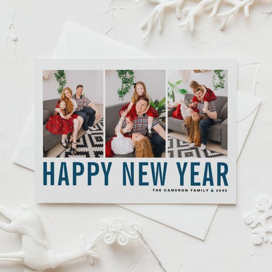 Blue Typography Photo Collage Happy Nieuwjaar Feestdagenkaart