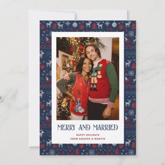 Blue Ugly Sweater Married en Merry Photo Feestdagenkaart (Voorkant)