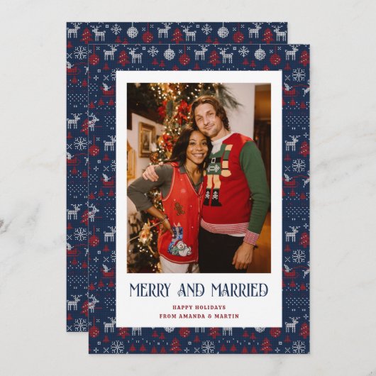 Blue Ugly Sweater Married en Merry Photo Feestdagenkaart (Voorkant / Achterkant)