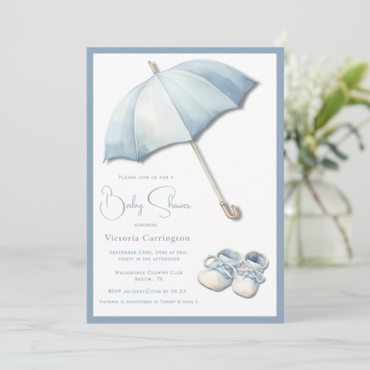 Blue Umbrella Baby Schoenen Baby shower Kaart (Staand voorkant)