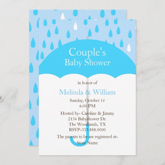 Blue Umbrella Baby shower Invitation Kaart (Voorkant / Achterkant)