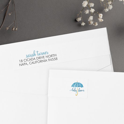 Blue Umbrella Baby shower Return Address Labels