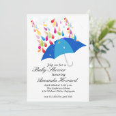 Blue Umbrella Boy Baby Shower Invitations Kaart (Staand voorkant)