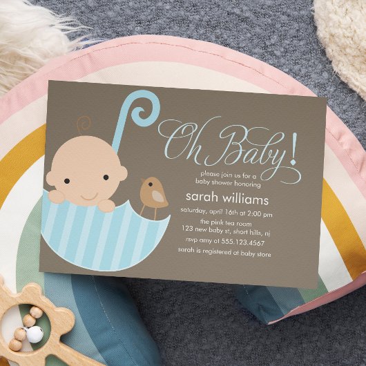 Blue Umbrella Boy Baby shower Kaart