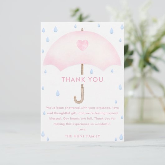 Blue Umbrella Sprinkle Baby shower Dank u kaart (Staand voorkant)