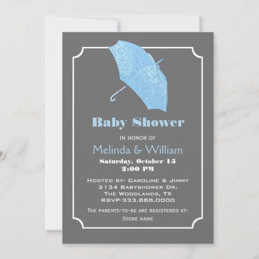 Blue Umbrella Stylish Baby Shower Invitation Kaart (Voorkant)