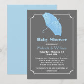 Blue Umbrella Stylish Baby Shower Invitation Kaart (Voorkant / Achterkant)