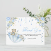 Blue Umbrella Teddy Bear Baby Sprinkle Bedankkaart (Staand voorkant)