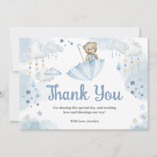 Blue Umbrella Teddy Bear Baby Sprinkle Bedankkaart (Voorkant)