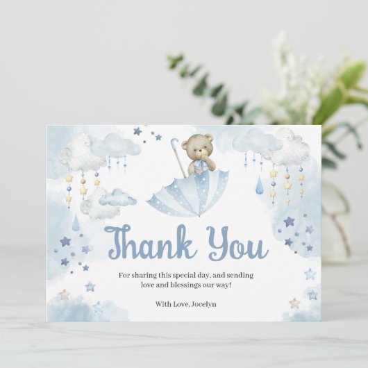 Blue Umbrella Teddy Bear Baby Sprinkle Bedankkaart (Staand voorkant)