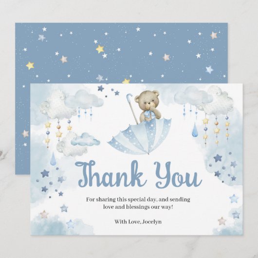 Blue Umbrella Teddy Bear Baby Sprinkle Bedankkaart (Voorkant / Achterkant)