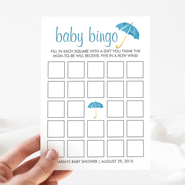 Blue Umbrellas Baby shower Bingo Game Kaart (Creator heeft geüpload)