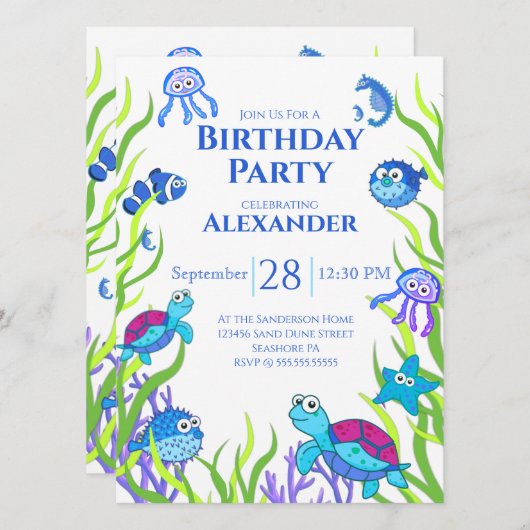 Blue under the Zee Boy Birthday Party Invitation (Voorkant / Achterkant)