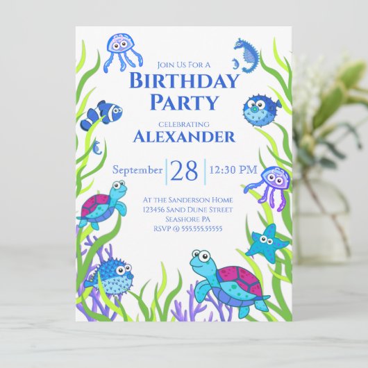 Blue under the Zee Boy Birthday Party Invitation (Staand voorkant)