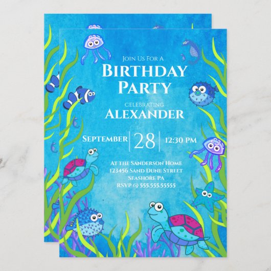 Blue under the Zee Boy Birthday Party Invitation (Voorkant / Achterkant)