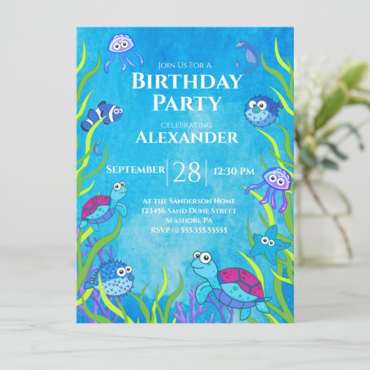Blue under the Zee Boy Birthday Party Invitation (Staand voorkant)