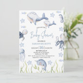 Blue Under the Zee Boys Whale Calf Baby shower Kaart (Staand voorkant)