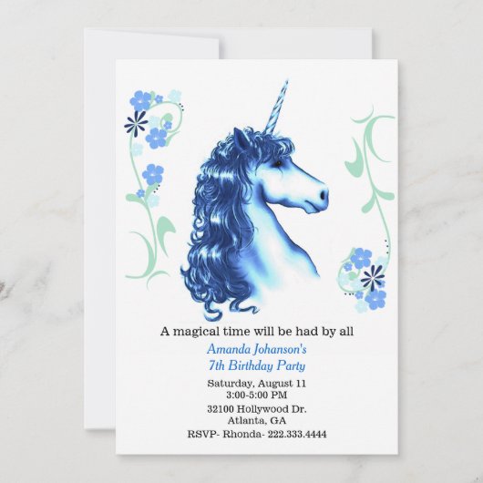 Blue Unicorn Birthday Party Invitation Kaart (Voorkant)