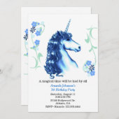 Blue Unicorn Birthday Party Invitation Kaart (Voorkant / Achterkant)
