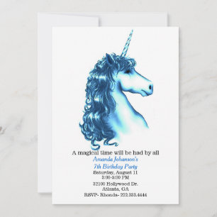 Blue Unicorn Birthday Party Invitation Kaart