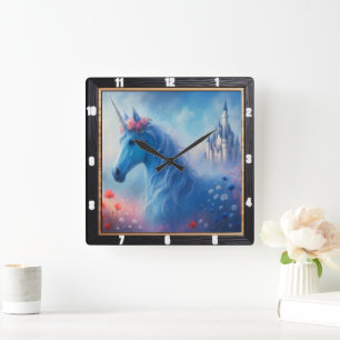 Blue Unicorn Castle Dream Vierkante Klok