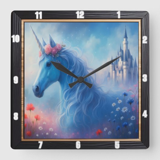 Blue Unicorn Castle Dream Vierkante Klok (Voorkant)