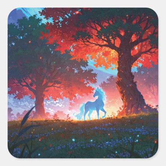 Blue unicorn in the forest vierkante sticker (Voorkant)