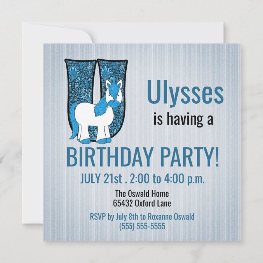 Blue Unicorn Letter U Kids Birthday Party Kaart (Achterkant)