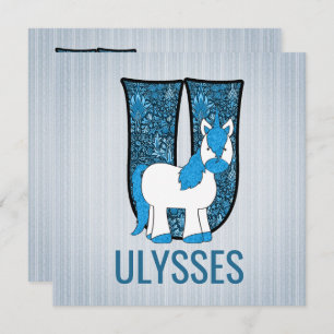 Blue Unicorn Letter U Kids Birthday Party Kaart