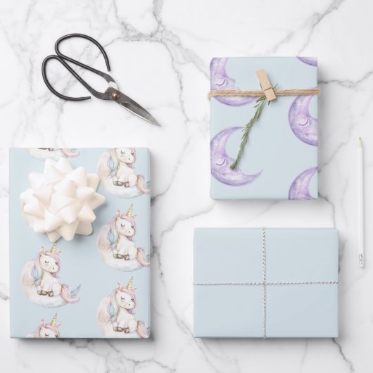 Blue Unicorn on Cloud Birthday Inpakpapier Vel (Voorkant)