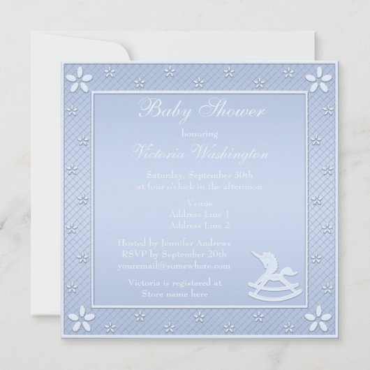 Blue Unicorn Rocking Horse Baby Boy Shower Kaart (Achterkant)