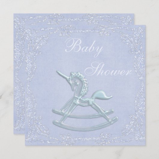 Blue Unicorn Rocking Horse Glitter Baby shower Kaart (Voorkant / Achterkant)